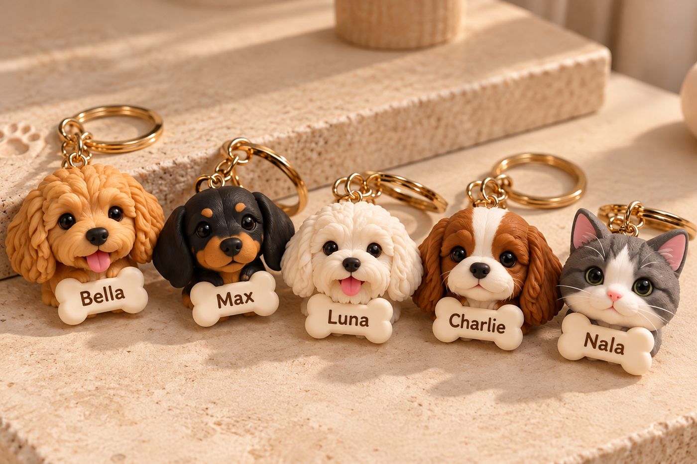Llaveros de mascotas impresos en 3D con su nombre en un hueso